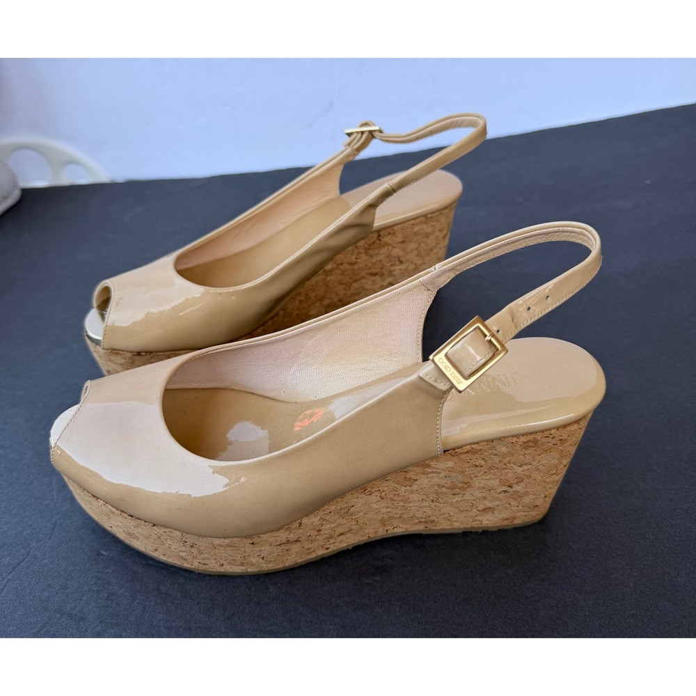 Jimmy Choo Praise Beige Patent Leather Peep Toe Slingback Wedge Sandals Sz 7